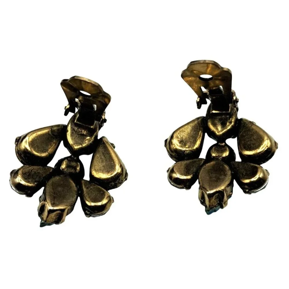 Regency Green Rhinestone Earrings Molded Glass Leaves UG UV Glow Vintage Costume